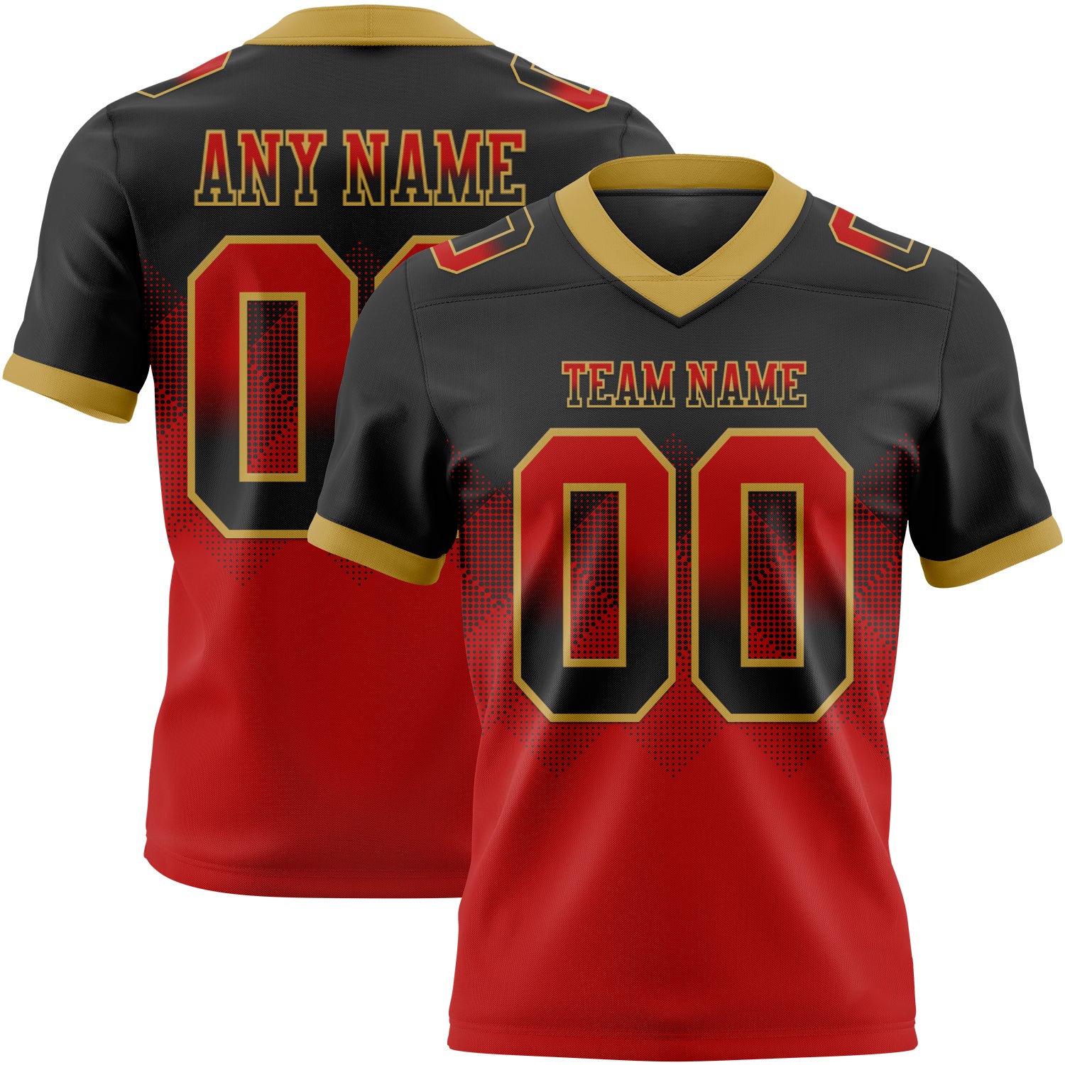 Custom Black Red-Old Gold Mesh Authentic Gradient Square Shape Flag Football Jersey