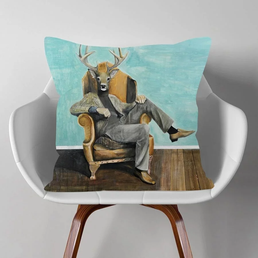Oil Painting Animals Portraits Cushion Cover, Deer
