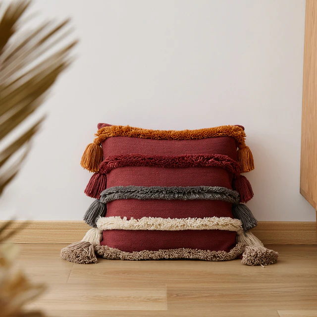 Bohemian Tufted Cushion Cover Colorful Stripe Tassel Red